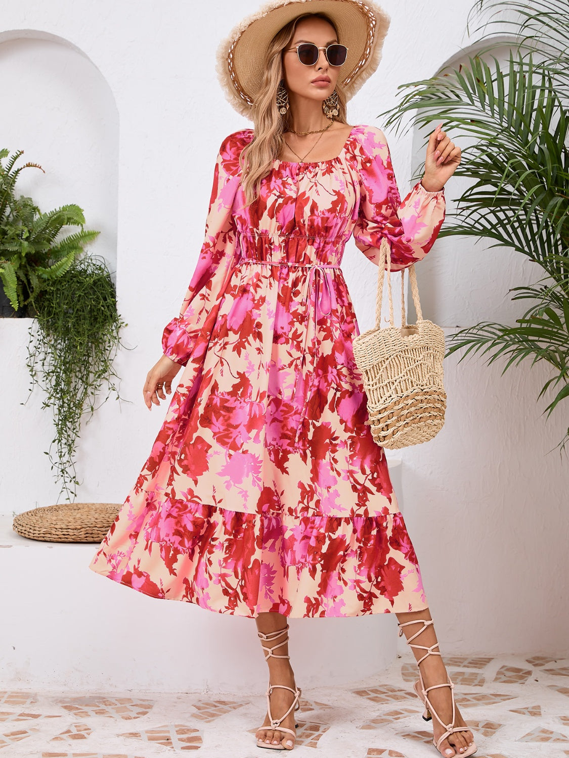 Printed Long Sleeve Midi Dress-TOPS / DRESSES-[Adult]-[Female]-Deep Rose-S-2022 Online Blue Zone Planet