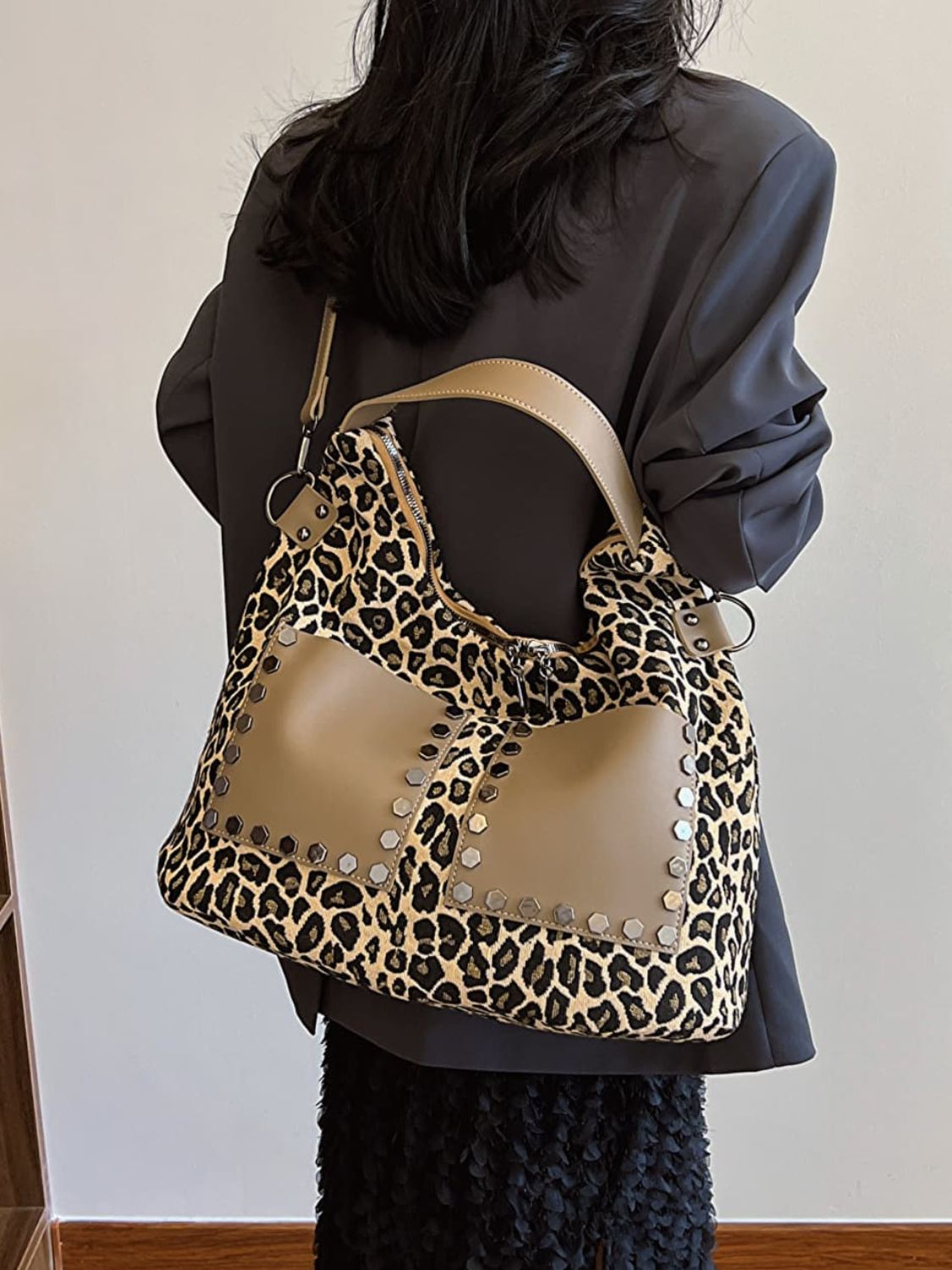 Blue Zone Planet | Leopard Polyester Shoulder Bag with Zippers-HANDBAGS-[Adult]-[Female]-2022 Online Blue Zone Planet