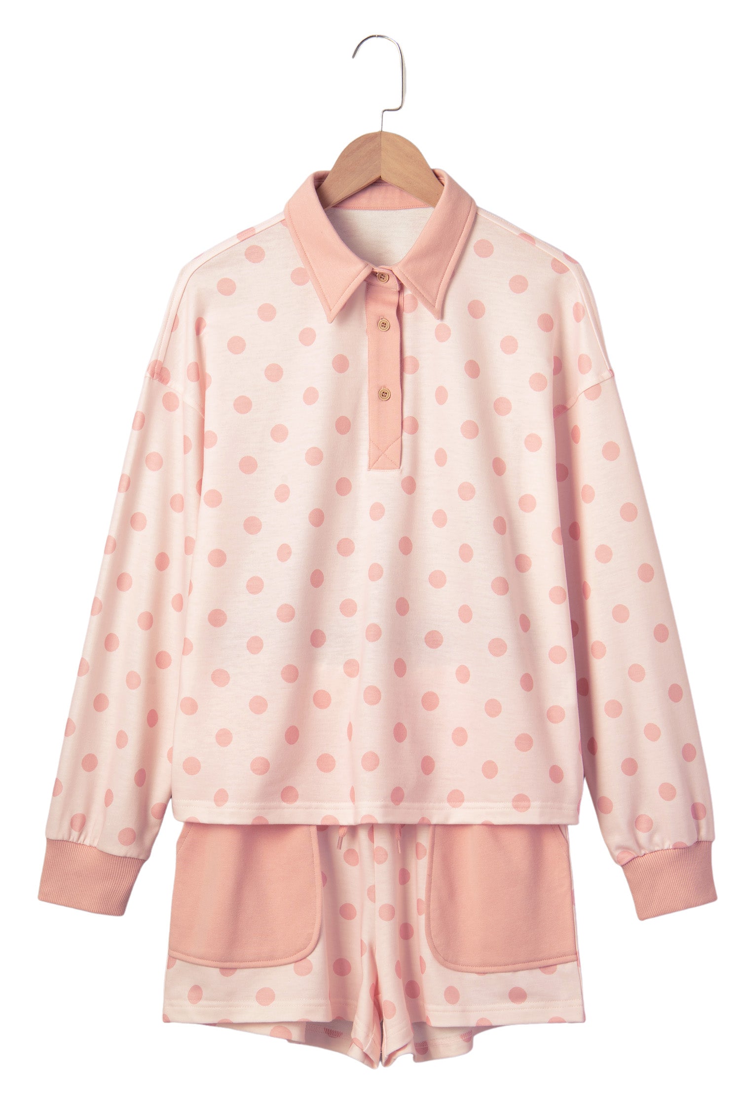 Pink Polka Dot Drop Shoulder Polo Loose Pullover Patch Pocket Casual Shorts Set-Two Piece Sets/Short Sets-[Adult]-[Female]-2022 Online Blue Zone Planet