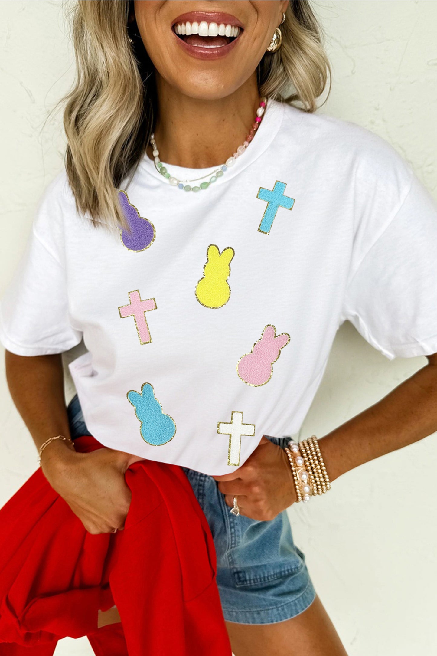 White Chenille Bunny Cross Patch Easter T Shirt-Graphic/Graphic Tees-[Adult]-[Female]-2022 Online Blue Zone Planet