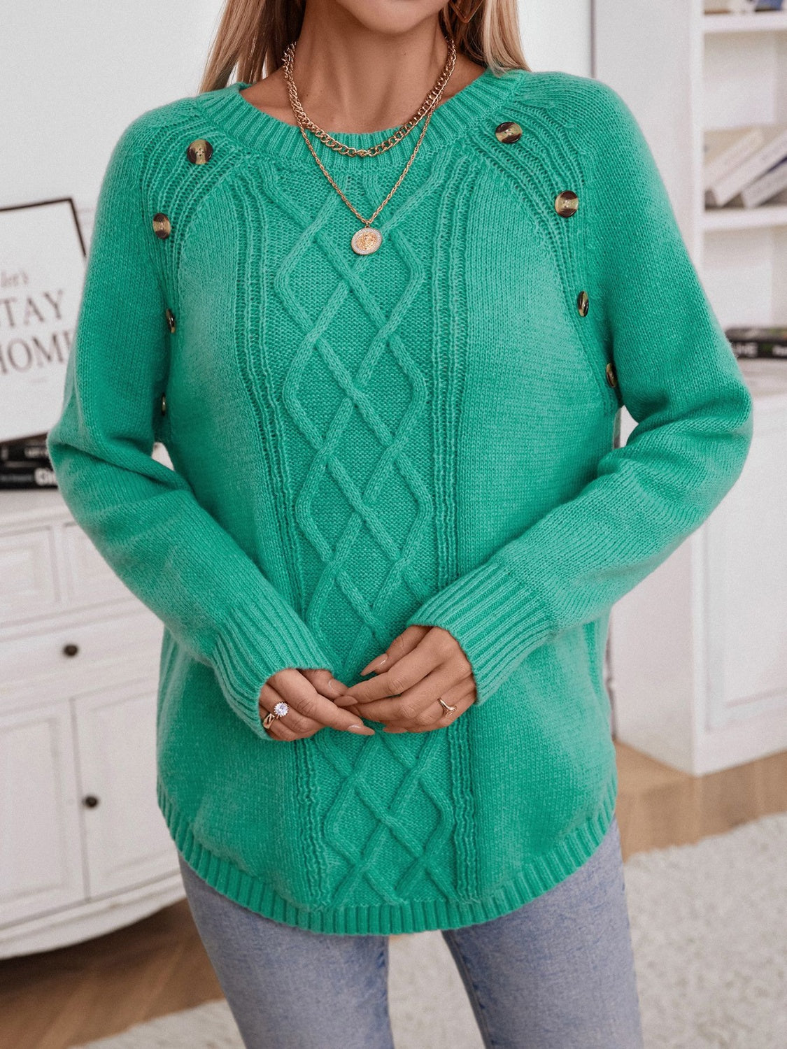 Decorative Button Round Neck Raglan Sleeve Sweater-TOPS / DRESSES-[Adult]-[Female]-Green-S-2022 Online Blue Zone Planet