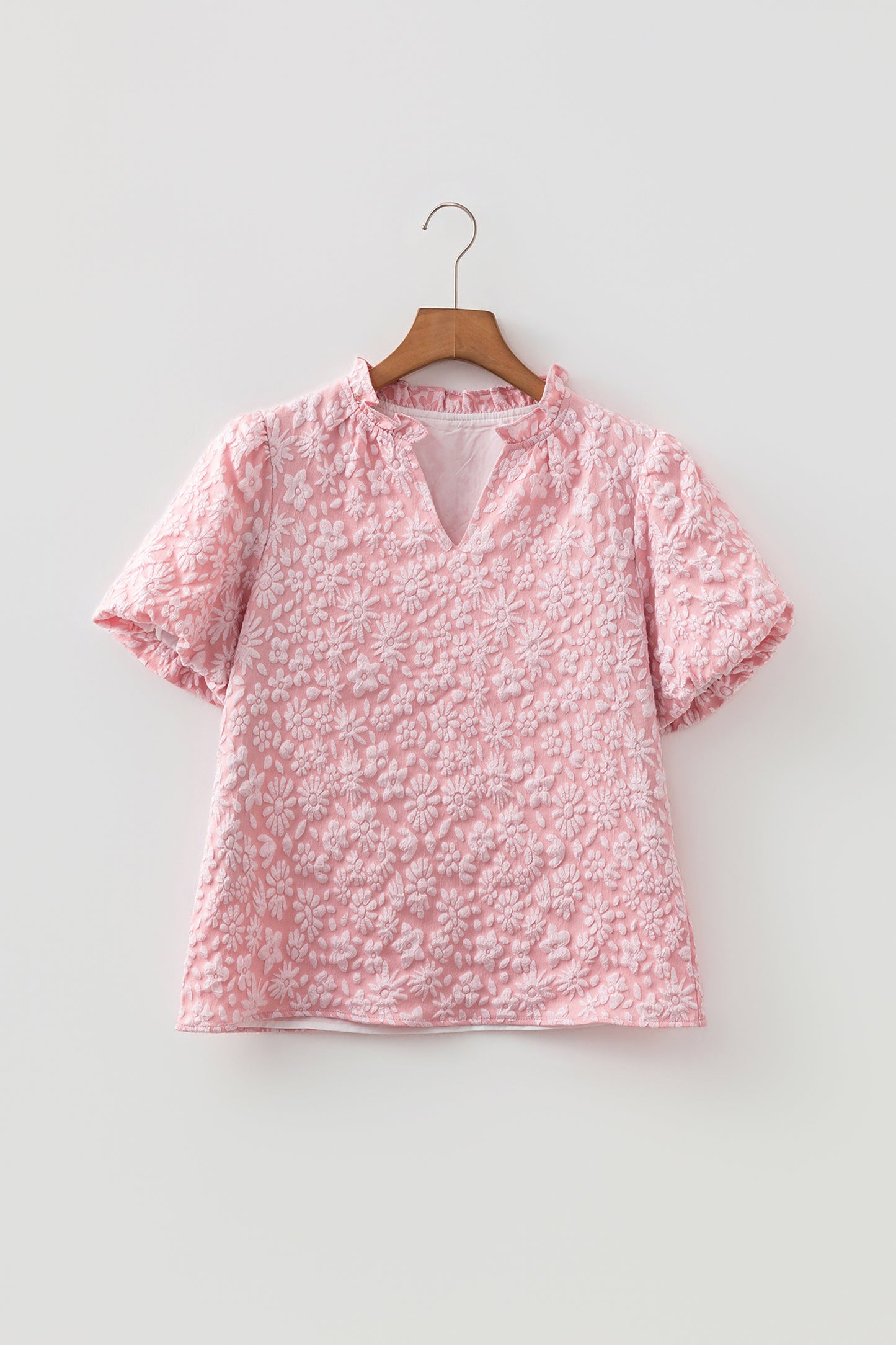 Iceland Blue Floral Textured Jacquard Puff Sleeve Blouse-Tops/Blouses & Shirts-[Adult]-[Female]-2022 Online Blue Zone Planet