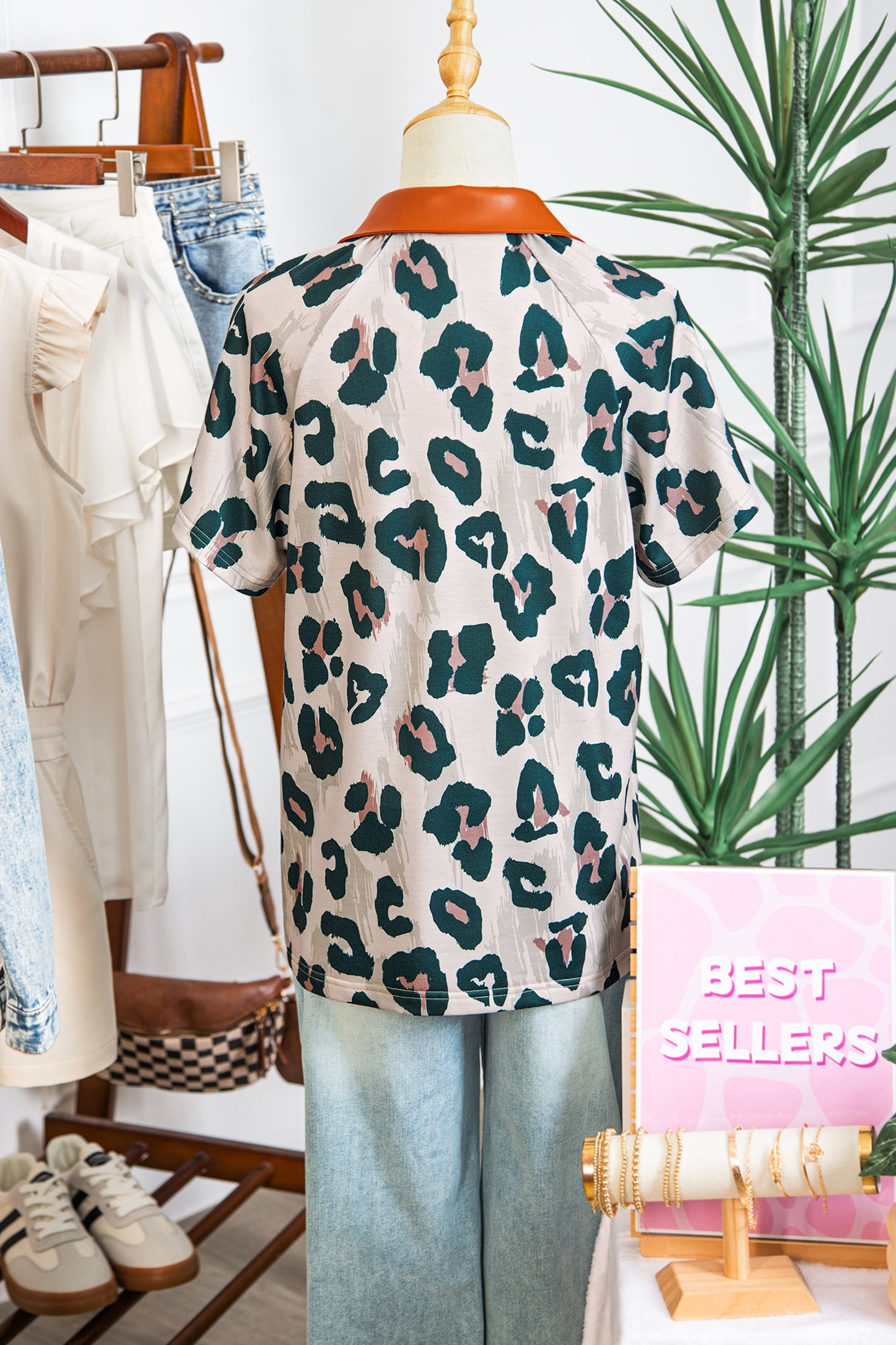 Casual Unique Leopard Print Button Contrast Collared Short Sleeve Blouse-Tops/Blouses & Shirts-[Adult]-[Female]-2022 Online Blue Zone Planet