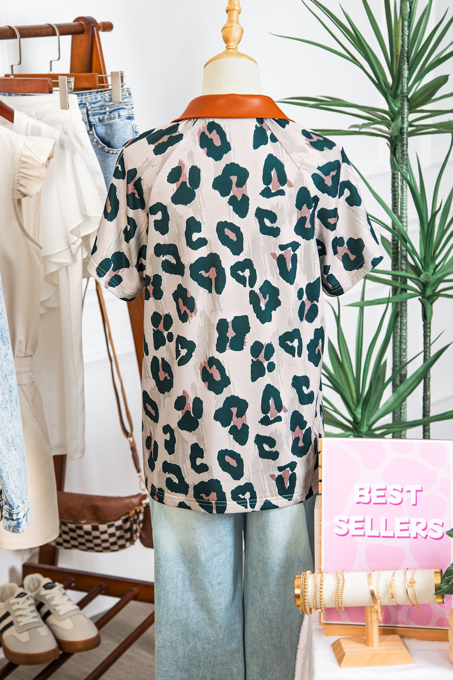 Casual Unique Leopard Print Button Contrast Collared Short Sleeve Blouse-Tops/Blouses & Shirts-[Adult]-[Female]-2022 Online Blue Zone Planet