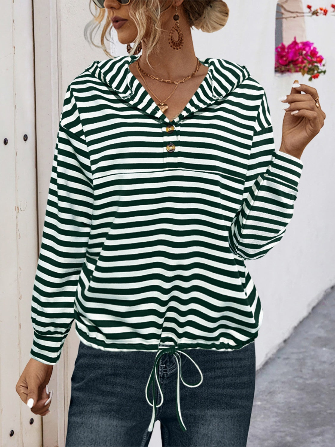 Drawstring Striped Long Sleeve Hoodie-TOPS / DRESSES-[Adult]-[Female]-Dark Green-S-2022 Online Blue Zone Planet