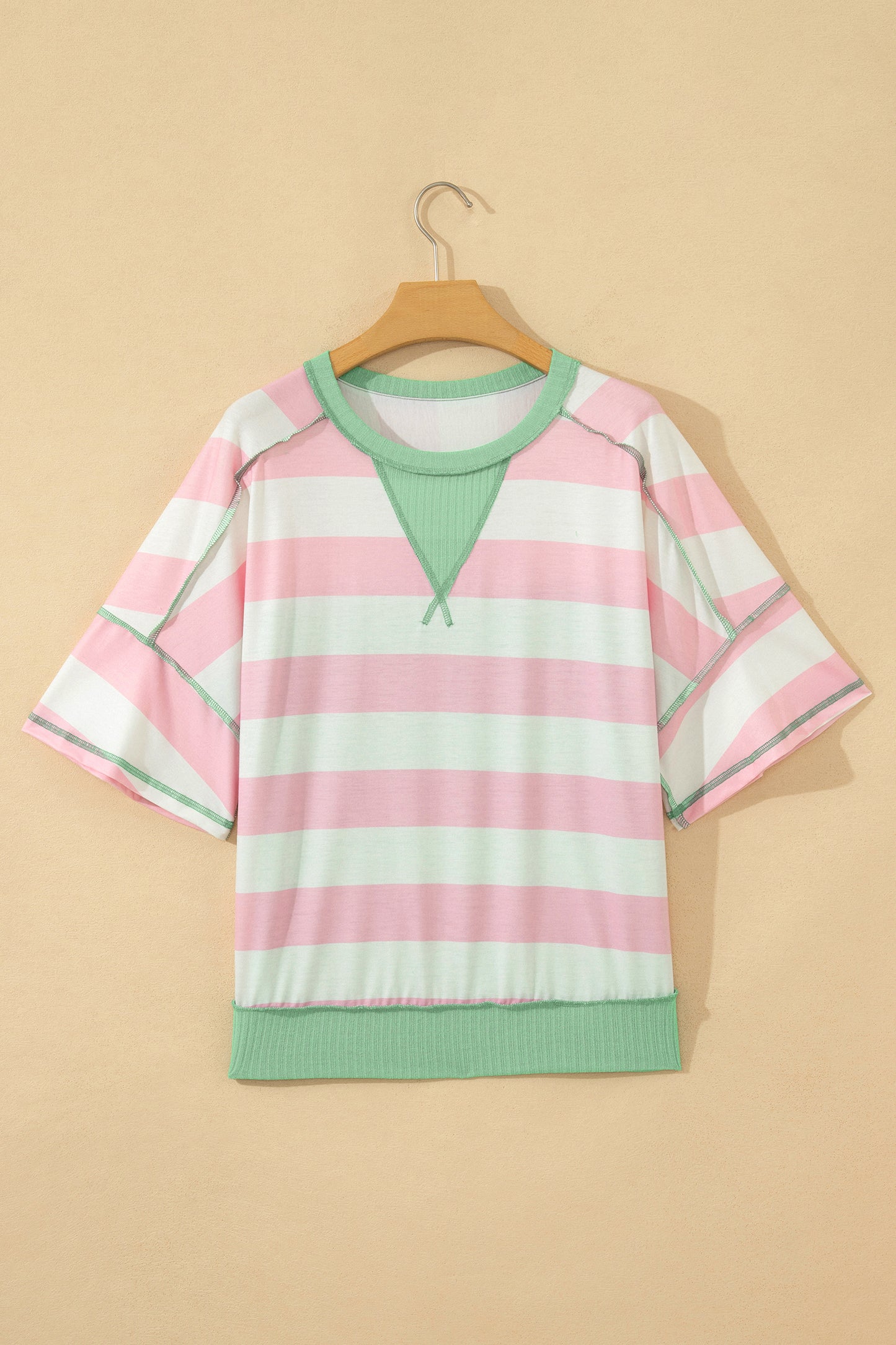 Pink Stripe Exposed Seam Ribbed Patchwork Oversized Tee-Tops/Tops & Tees-[Adult]-[Female]-2022 Online Blue Zone Planet