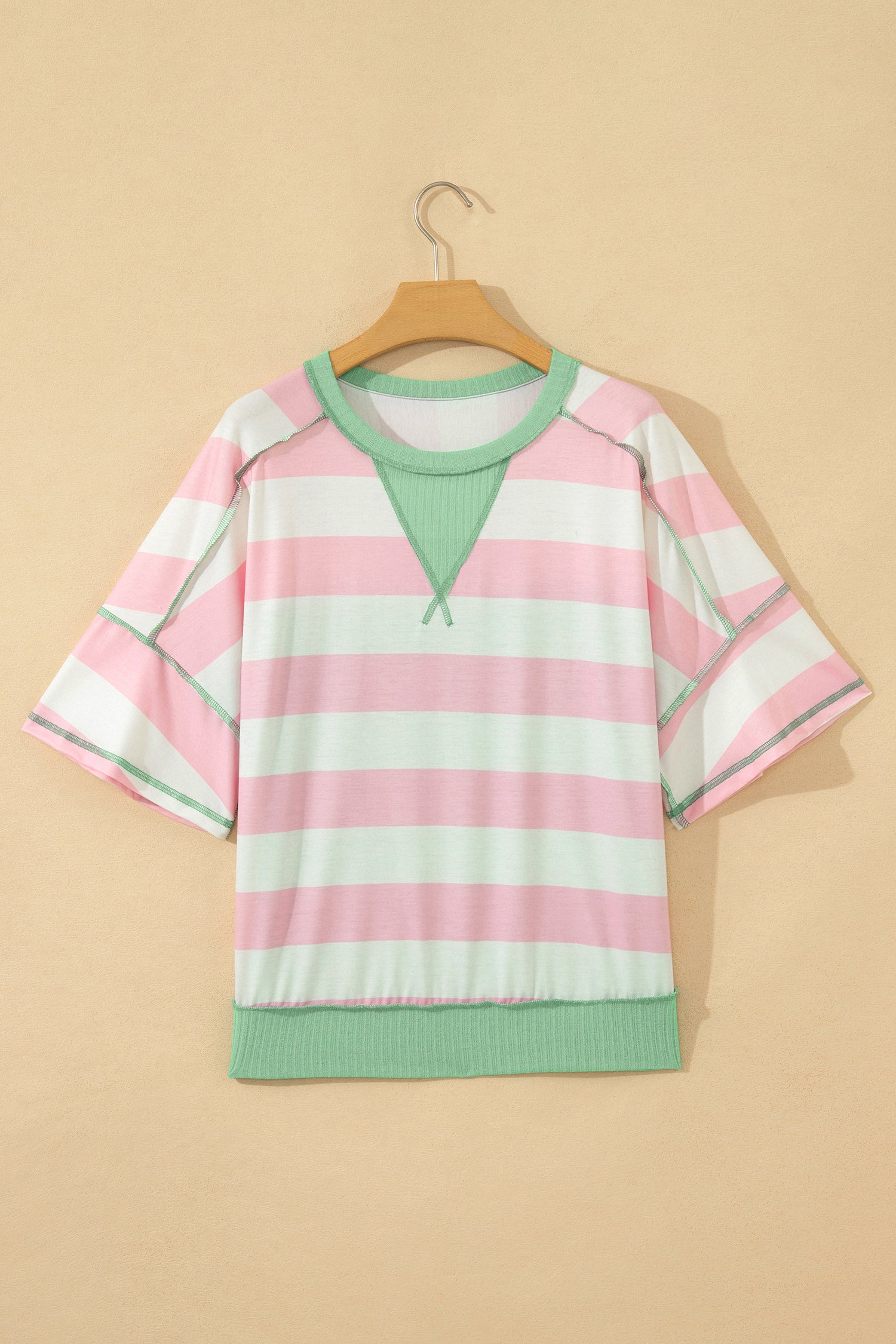 Pink Stripe Exposed Seam Ribbed Patchwork Oversized Tee-Tops/Tops & Tees-[Adult]-[Female]-2022 Online Blue Zone Planet