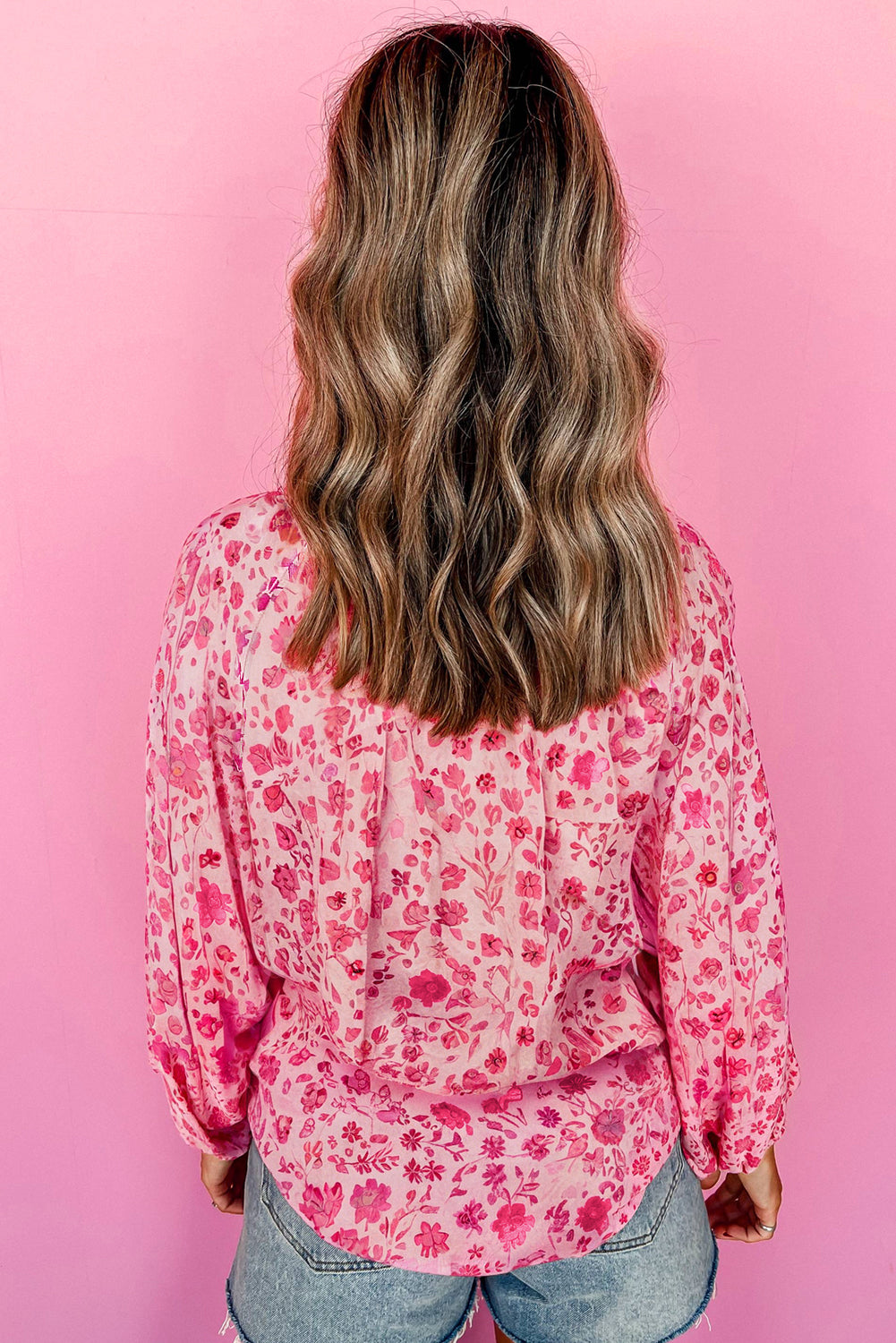 Pink Floral Puff Sleeve Split Neck Lightweight Blouse-Tops/Blouses & Shirts-[Adult]-[Female]-2022 Online Blue Zone Planet