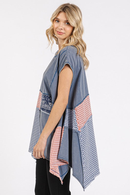 Mittoshop Patchwork Mineral Washed Round Neck Cap Sleeve Top-TOPS / DRESSES-[Adult]-[Female]-2022 Online Blue Zone Planet