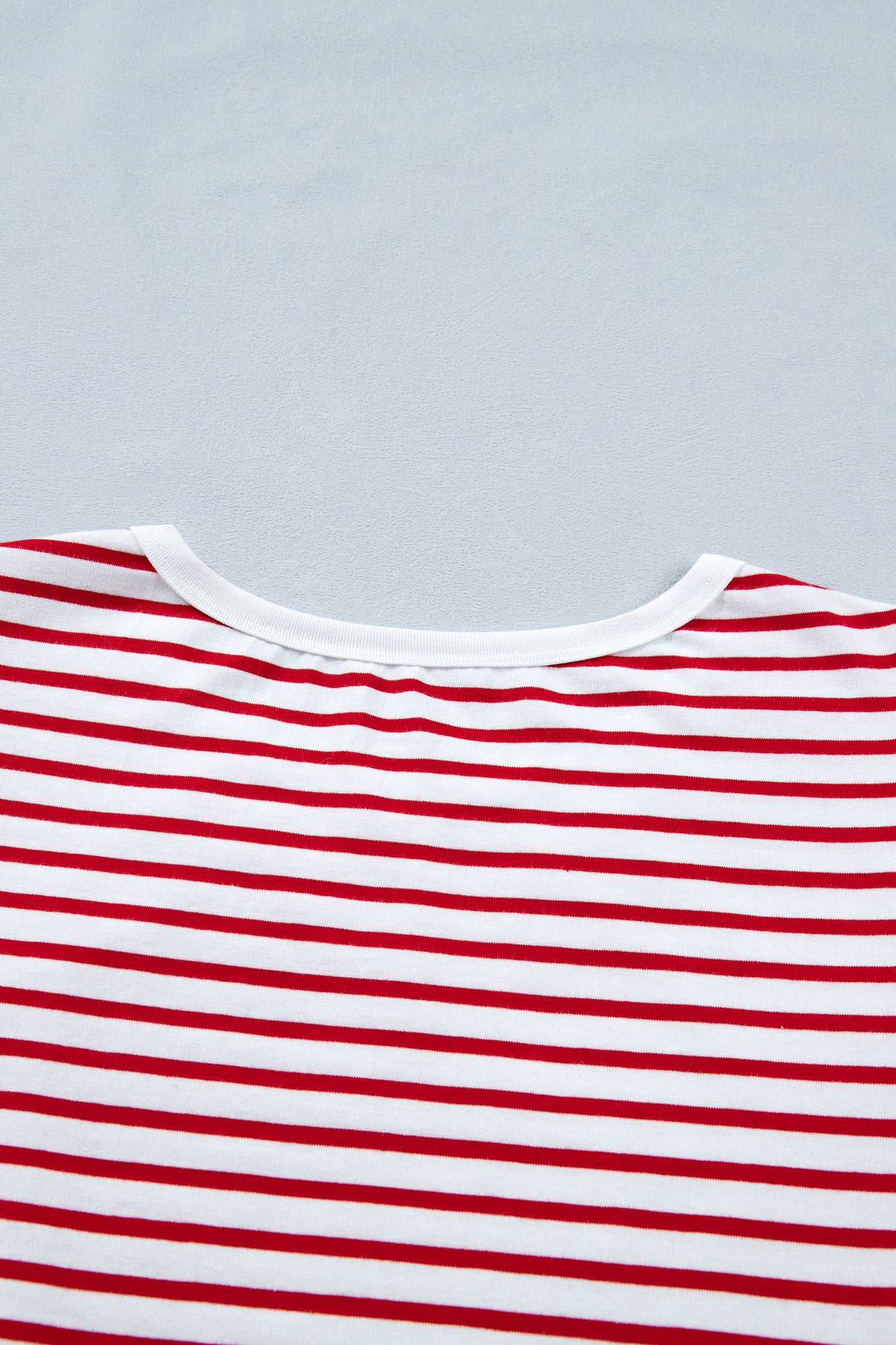 Red Stripe Contrast Trim Round Neck Short Puff Sleeve T Shirt-Tops/Tops & Tees-[Adult]-[Female]-2022 Online Blue Zone Planet