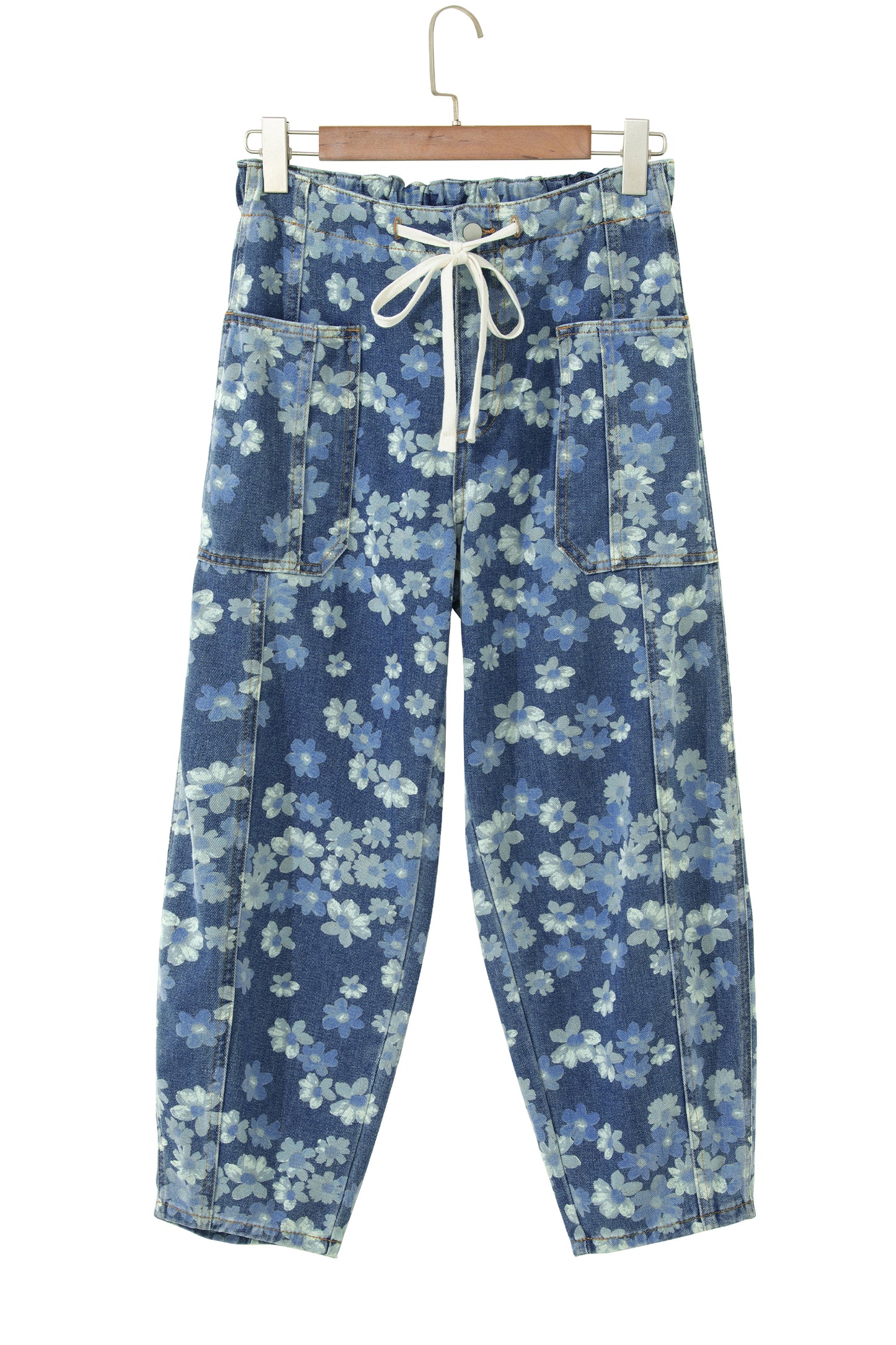 Sky Blue Dainty Floral Printed Drawstring Barrel Jeans-Bottoms/Jeans-[Adult]-[Female]-2022 Online Blue Zone Planet
