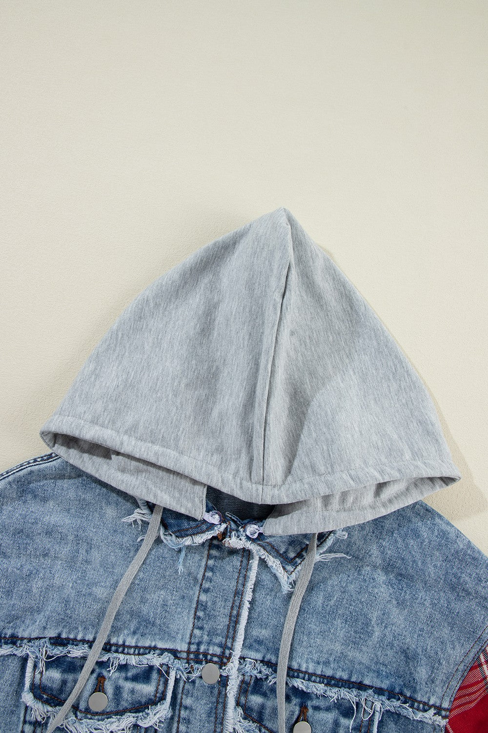 Raw Hem Drawstring Plaid Denim Jacket-TOPS / DRESSES-[Adult]-[Female]-2022 Online Blue Zone Planet