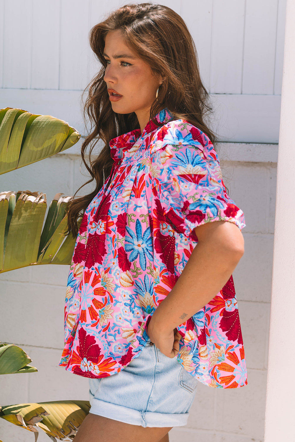 Pink Floral Print Bubble Sleeve Button Up Pleated Shirt-Tops/Blouses & Shirts-[Adult]-[Female]-2022 Online Blue Zone Planet
