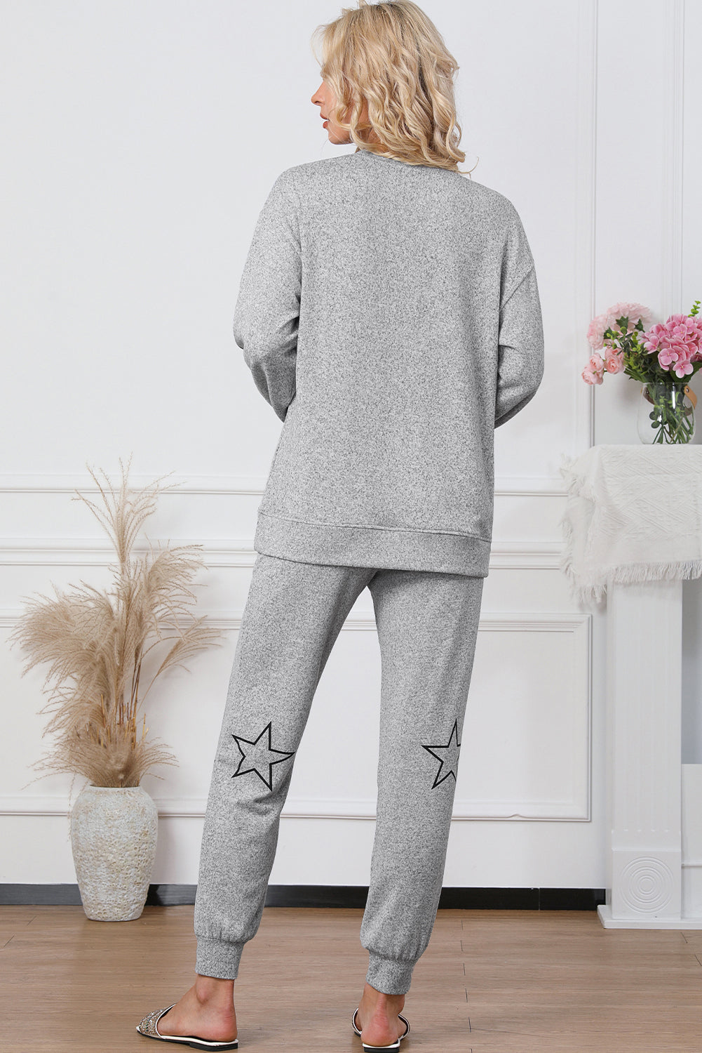 Gray Stars Print Long Sleeve Drawstring High Waist Lounge Set-Loungewear & Sleepwear/Loungewear-[Adult]-[Female]-2022 Online Blue Zone Planet