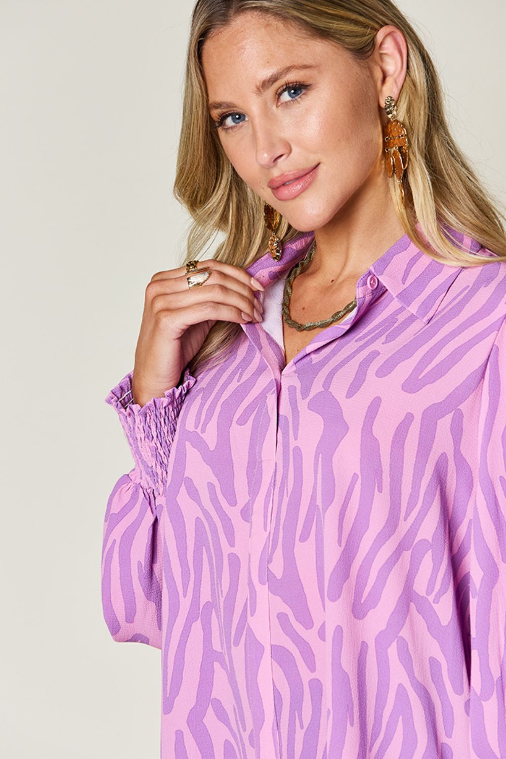 Blue Zone Planet | Double Take Full Size Printed Smocked Long Sleeve Blouse-TOPS / DRESSES-[Adult]-[Female]-2022 Online Blue Zone Planet