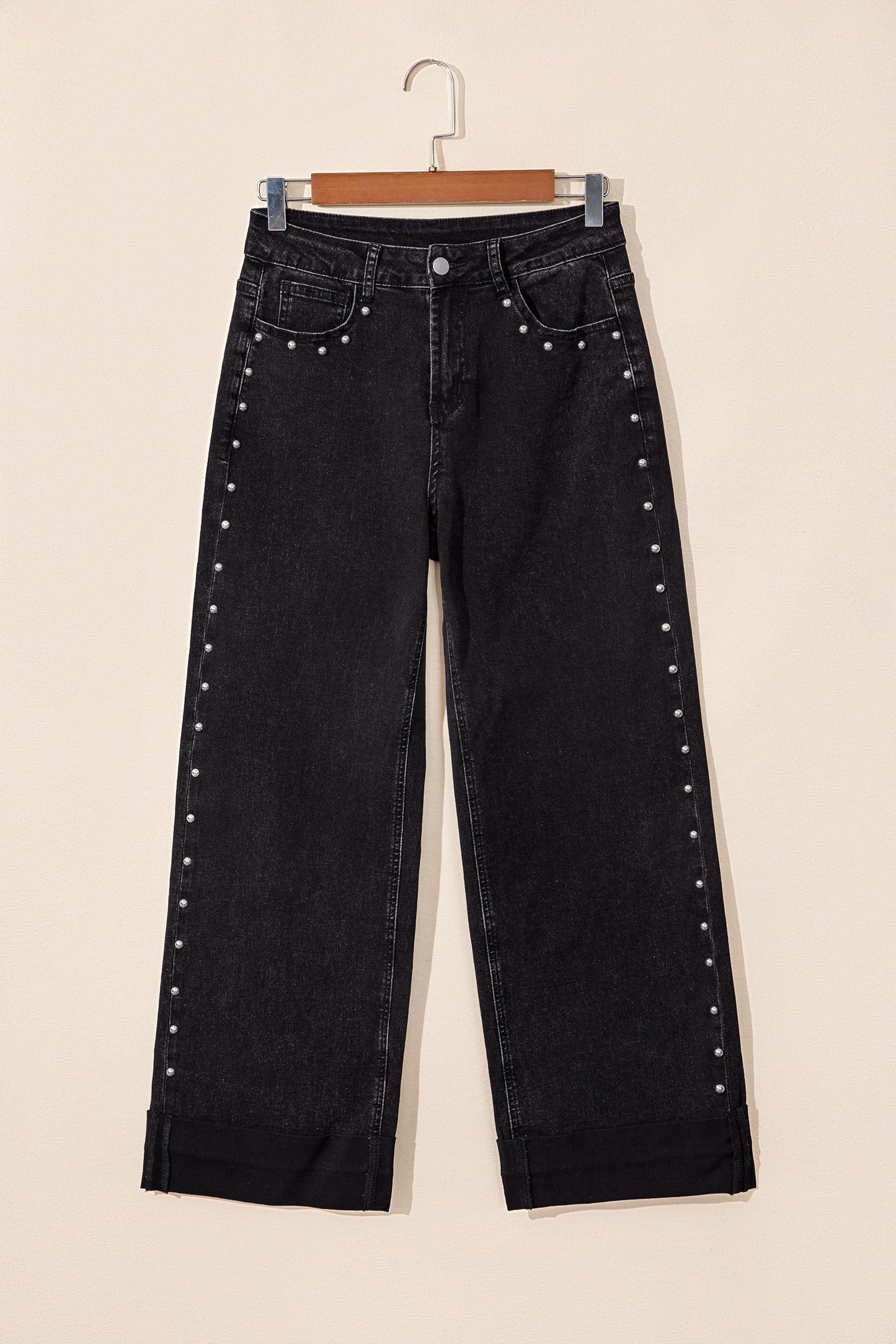 Black Studded Detail Straight Leg Casual Loose Jeans-Bottoms/Jeans-[Adult]-[Female]-2022 Online Blue Zone Planet