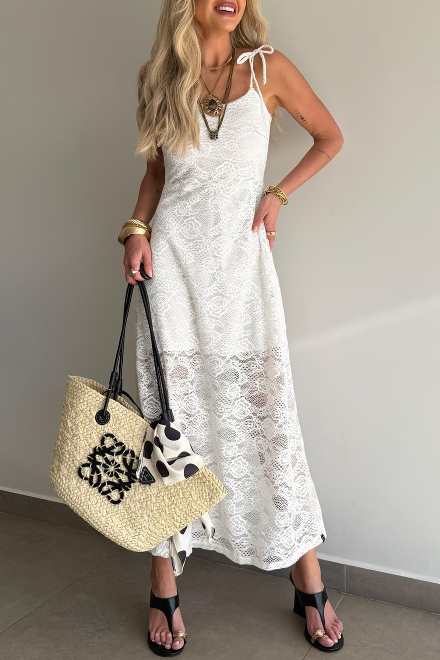 White Tie Spaghetti Straps Floral Lace Overlay Long Dress White / L / 88%Polyamide+12%Elastane