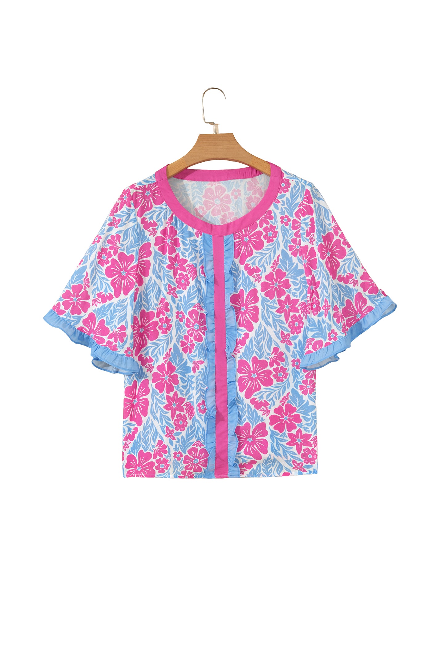 Rose Floral Print Ruffled Color Block Trim Half Sleeve Blouse-Tops/Blouses & Shirts-[Adult]-[Female]-2022 Online Blue Zone Planet