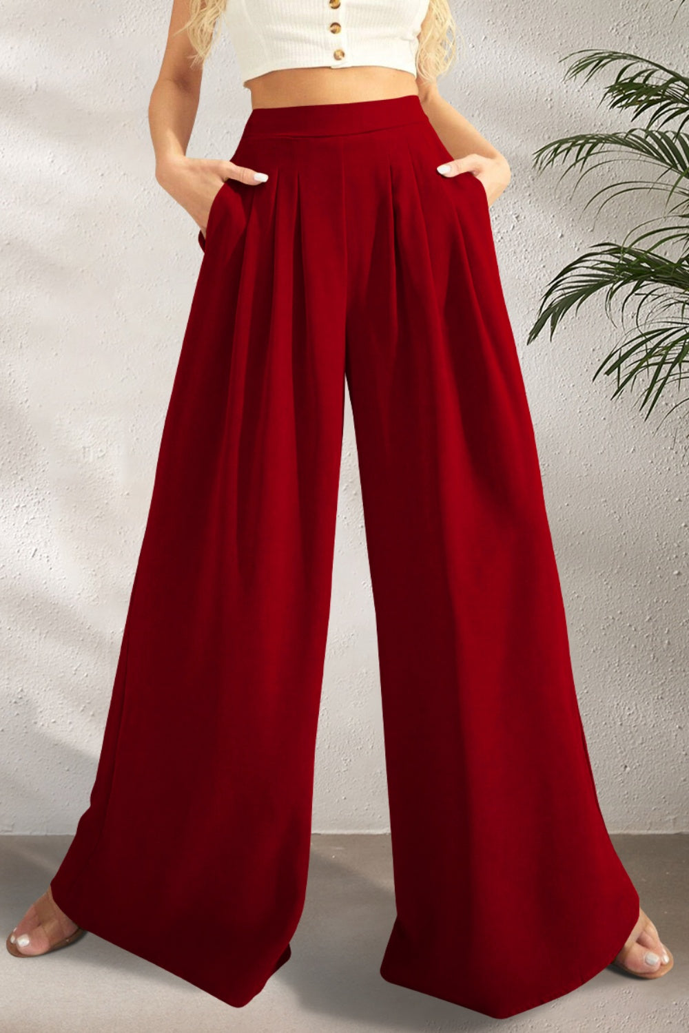 Blue Zone Planet | FAM-FAM High Waist Wide Leg Pants-BOTTOMS SIZES SMALL MEDIUM LARGE-[Adult]-[Female]-Burgundy-S-2022 Online Blue Zone Planet