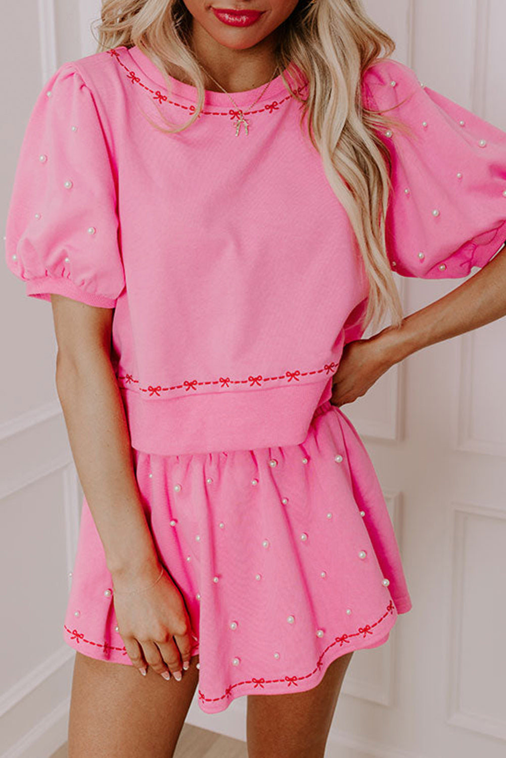 Pink Contrast Bow Trim Pearl Puff Sleeve Blouse and Skort 2pcs Set-Two Piece Sets/Short Sets-[Adult]-[Female]-Pink-S-2022 Online Blue Zone Planet