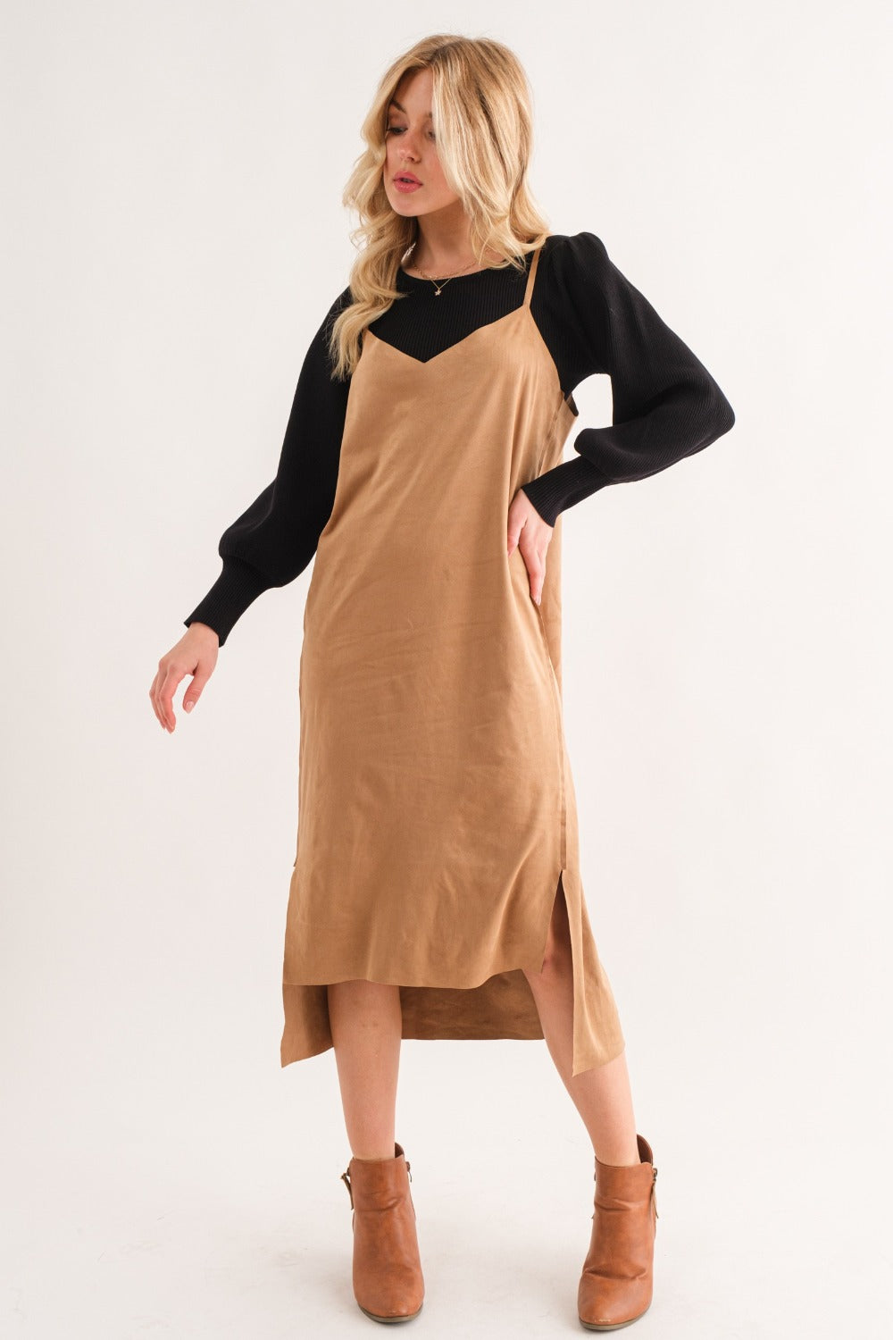 And The Why Faux Suede Cut Edge Slit Cami Midi Dress Khaki / XL And The Why Faux Suede Cut Edge Slit Cami Midi Dress Khaki / XL