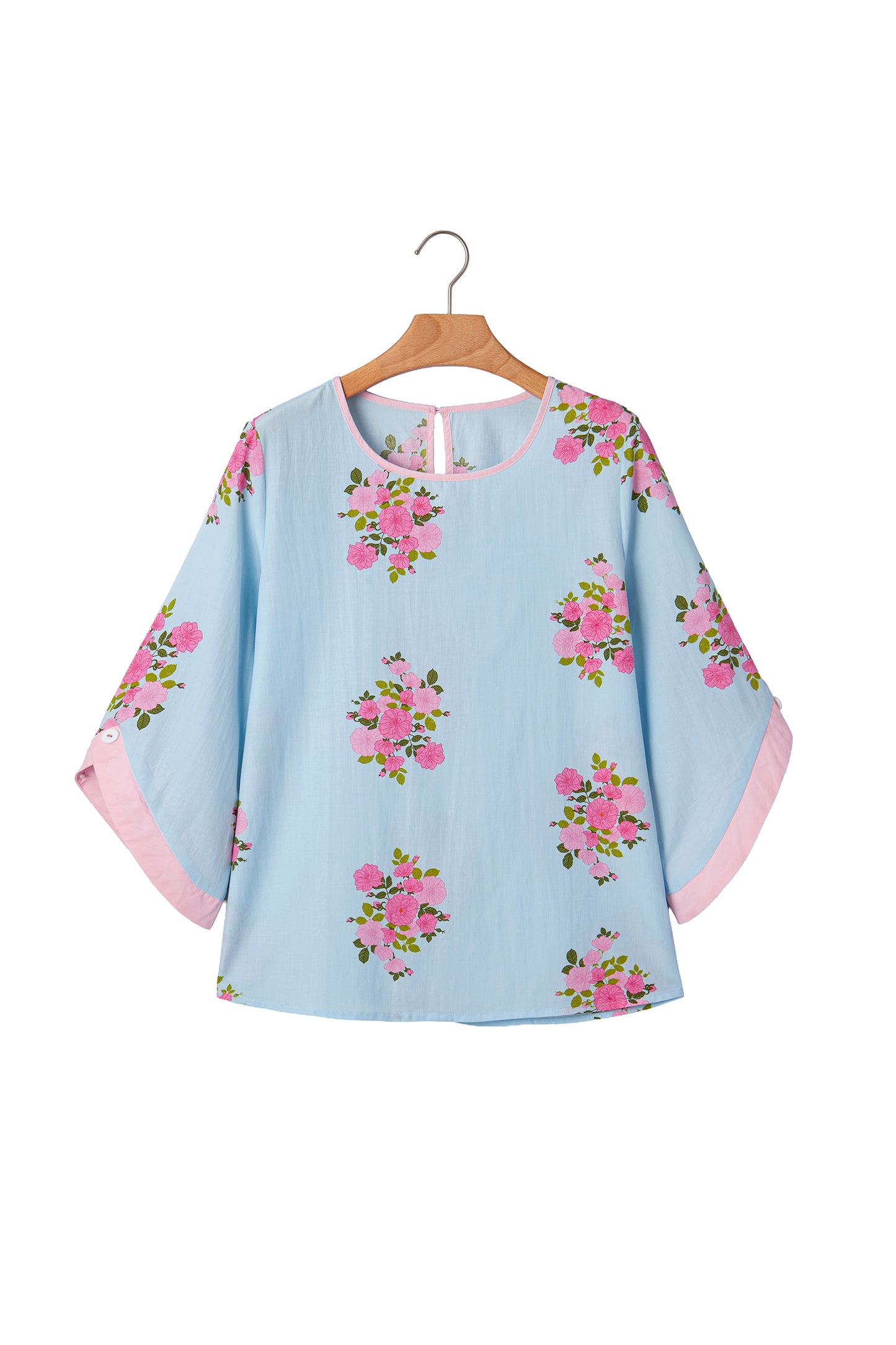 Sky Blue Floral Print Button Cuffed 3/4 Sleeve Round Neck Blouse-Tops/Blouses & Shirts-[Adult]-[Female]-2022 Online Blue Zone Planet