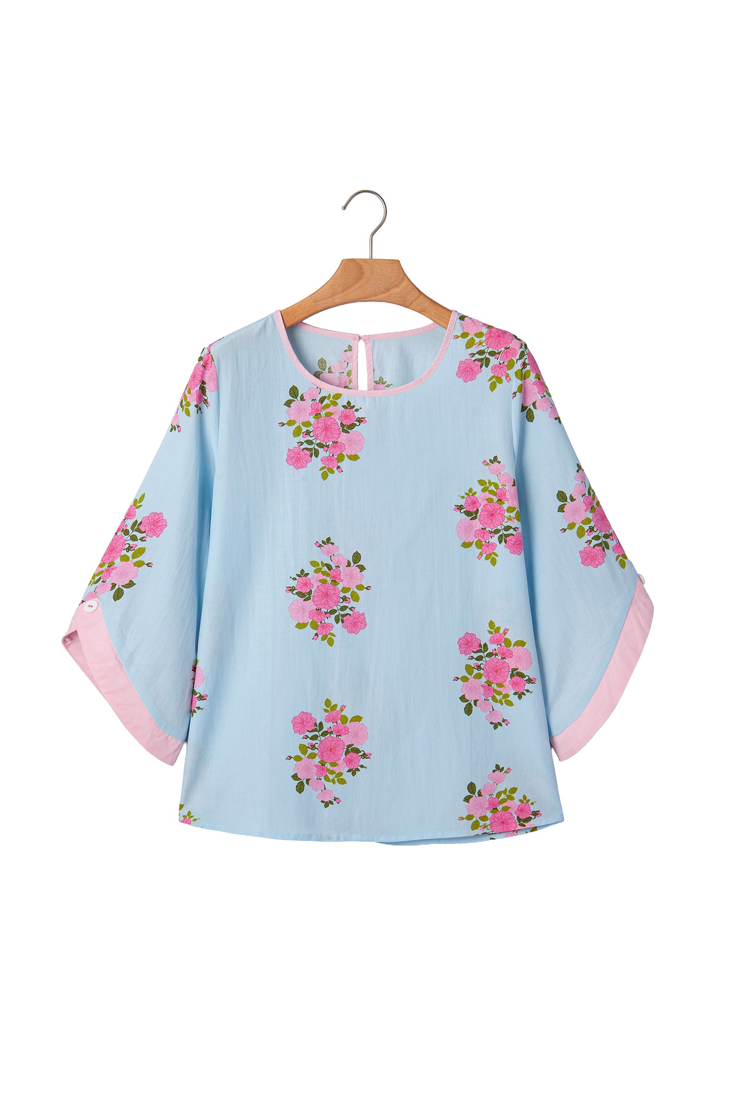 Sky Blue Floral Print Button Cuffed 3/4 Sleeve Round Neck Blouse-Tops/Blouses & Shirts-[Adult]-[Female]-2022 Online Blue Zone Planet