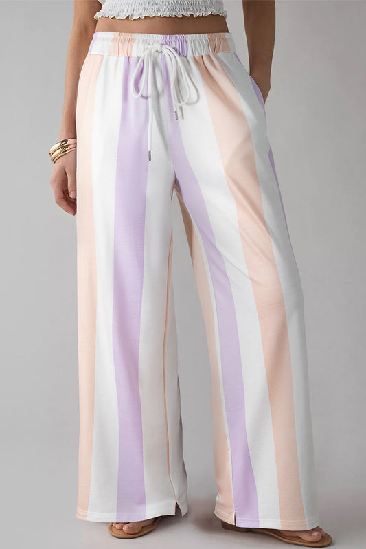 Purple Stripe Multicolored Print Drawstring Loose Pants with Side Pockets-Bottoms/Pants & Culotte-[Adult]-[Female]-Purple Stripe-S-2022 Online Blue Zone Planet
