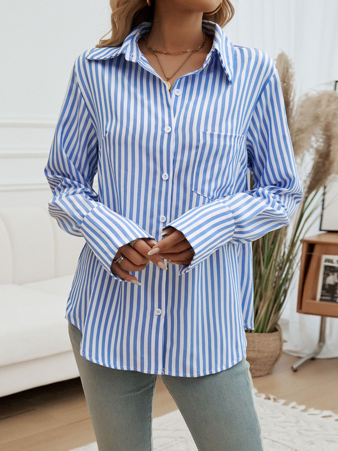 Blue Zone Planet | Pocketed Striped Collared Neck Long Sleeve Shirt-TOPS / DRESSES-[Adult]-[Female]-2022 Online Blue Zone Planet