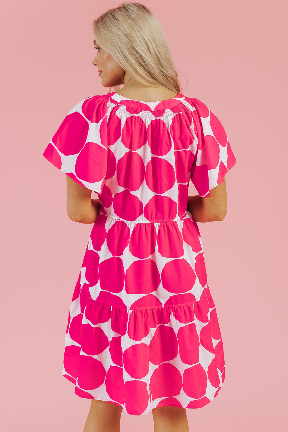 Rose Polka Dot Flutter Sleeve Notched Neck Tiered Flowy Dress-TOPS / DRESSES-[Adult]-[Female]-2022 Online Blue Zone Planet