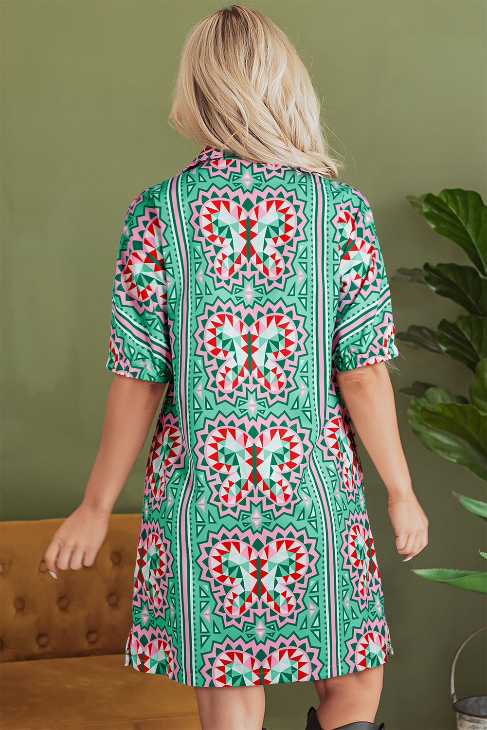 Mint Green Geometric Butterfly Print Split Neck Short Sleeve Dress-TOPS / DRESSES-[Adult]-[Female]-2022 Online Blue Zone Planet