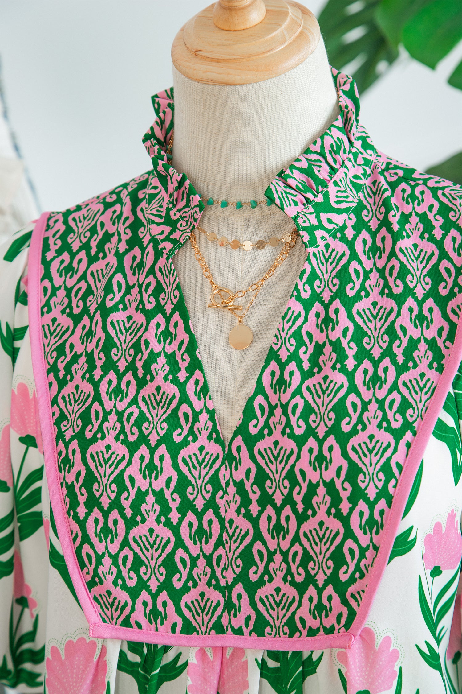 Multicolour Floral Print Puff Sleeve Contrast Bordered V Neck Blouse-Tops/Blouses & Shirts-[Adult]-[Female]-2022 Online Blue Zone Planet