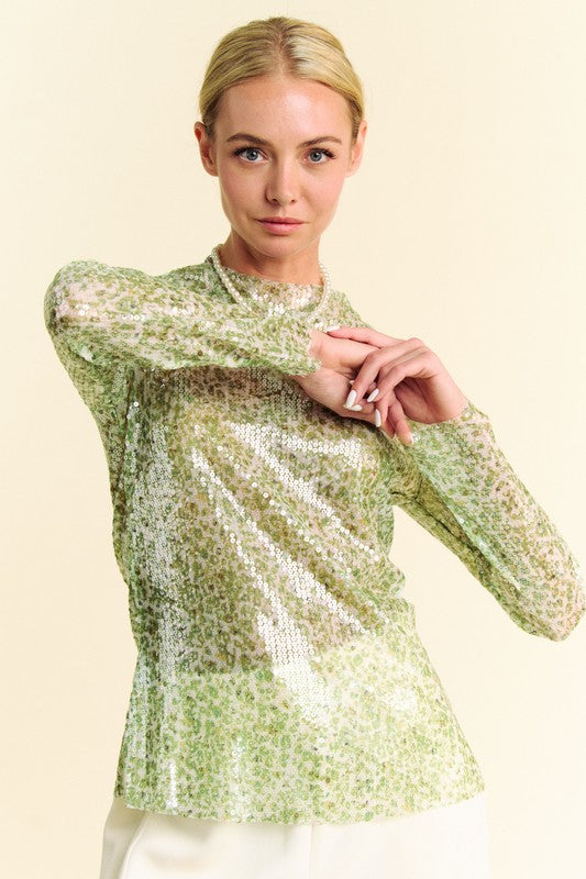 Davi & Dani Sequin Mock Neck Long Sleeve Mesh Top-TOPS / DRESSES-[Adult]-[Female]-2022 Online Blue Zone Planet
