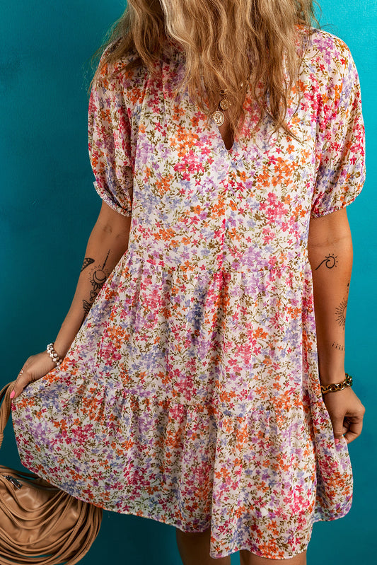 Red Floral Puff Sleeve Notched V Neck Tiered Mini Dress-TOPS / DRESSES-[Adult]-[Female]-Red-S-2022 Online Blue Zone Planet