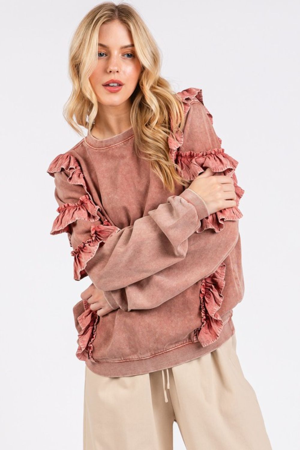 Mittoshop Ruffled Mineral Washed Round Neck Long Sleeve Sweatshirt-TOPS / DRESSES-[Adult]-[Female]-2022 Online Blue Zone Planet