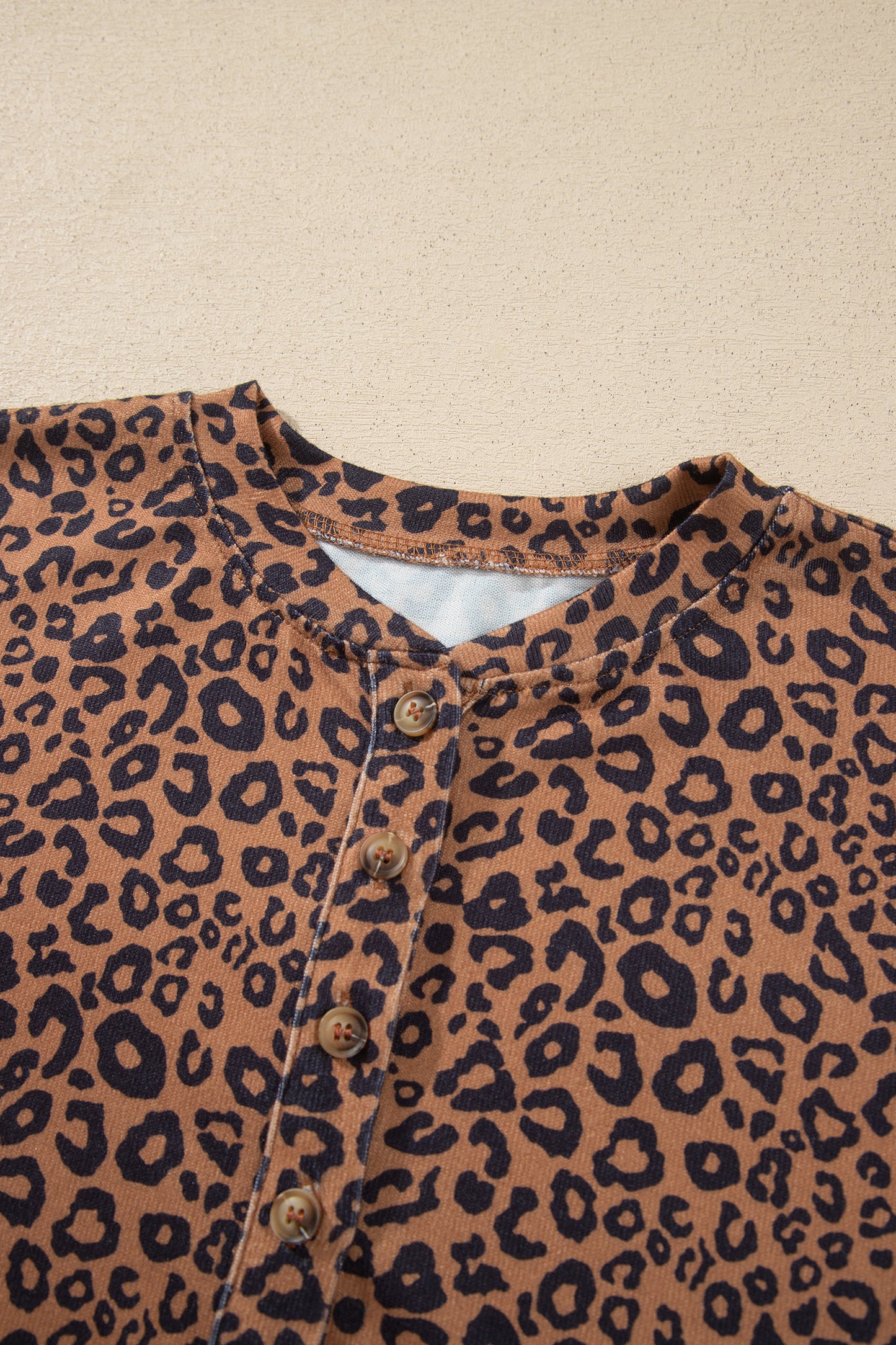 Brown Leopard Print Long Sleeve Henley Top Elastic Waist Shorts 2pcs Outfit-Two Piece Sets/Short Sets-[Adult]-[Female]-2022 Online Blue Zone Planet