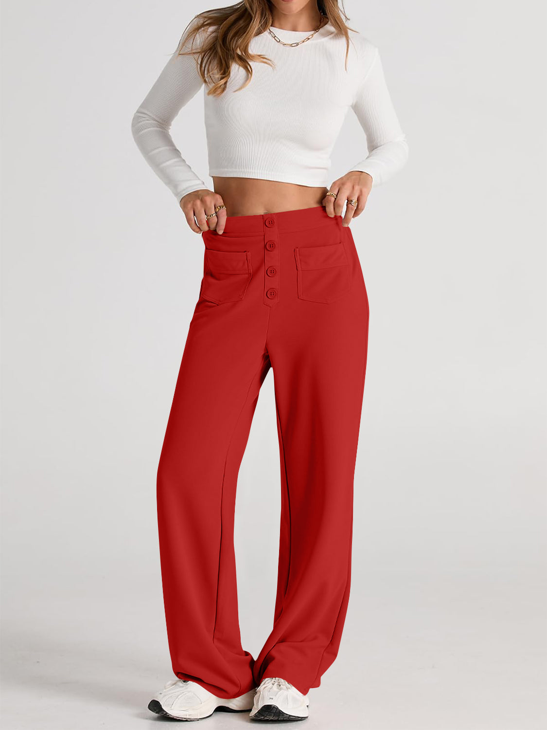 Blue Zone Planet | High Waist Wide Leg Pants-BOTTOMS SIZES SMALL MEDIUM LARGE-[Adult]-[Female]-Scarlet-S-2022 Online Blue Zone Planet