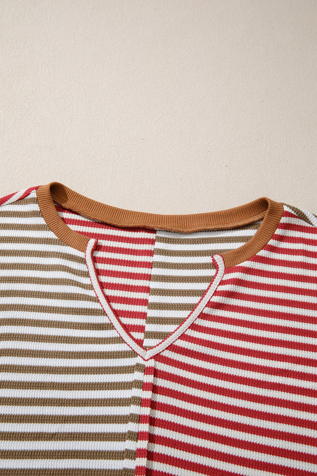 Red Striped Colorblock V Neck Long Sleeve Top-Tops/Long Sleeve Tops-[Adult]-[Female]-2022 Online Blue Zone Planet