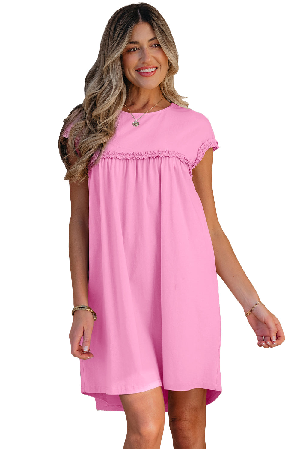 Pink Frilled Trim Crew Neck Loose Fit Mini Dress-TOPS / DRESSES-[Adult]-[Female]-2022 Online Blue Zone Planet
