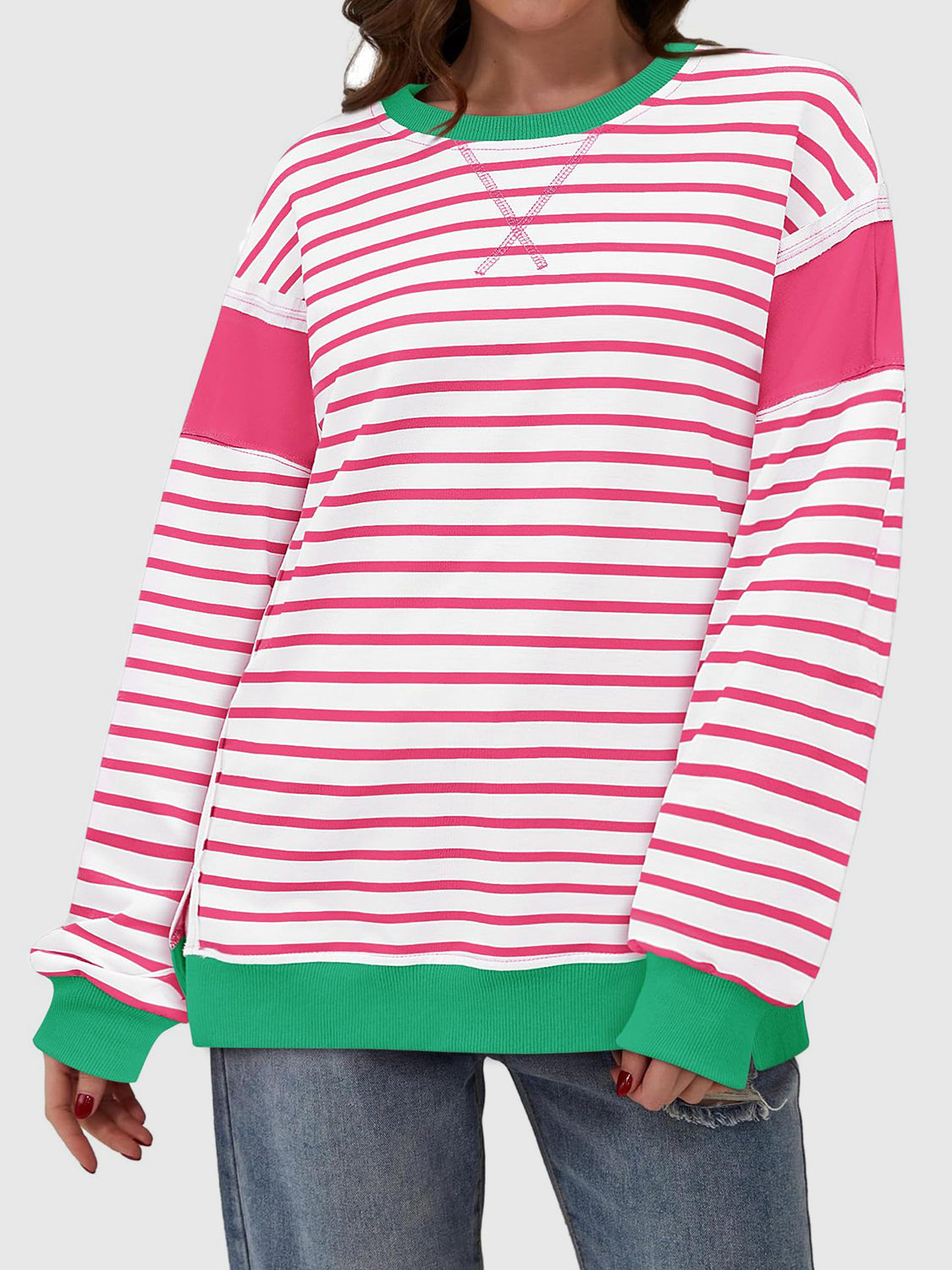 Slit Exposed Seam Striped Long Sleeve Sweatshirt-TOPS / DRESSES-[Adult]-[Female]-2022 Online Blue Zone Planet