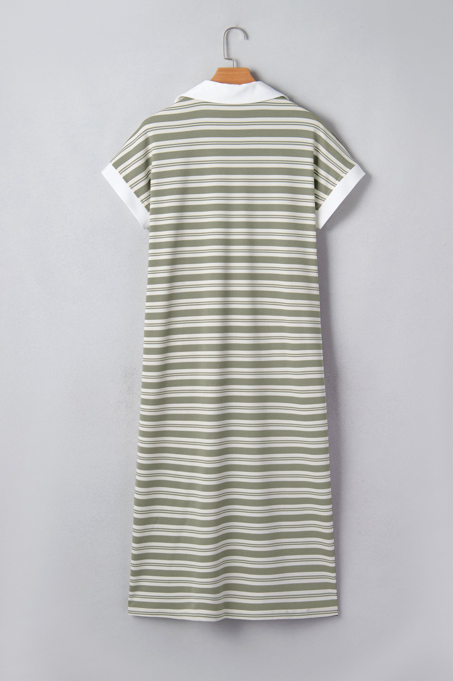 Green Stripe Collared V Neck Short Sleeve T Shirt Midi Dress with Pockets-TOPS / DRESSES-[Adult]-[Female]-2022 Online Blue Zone Planet