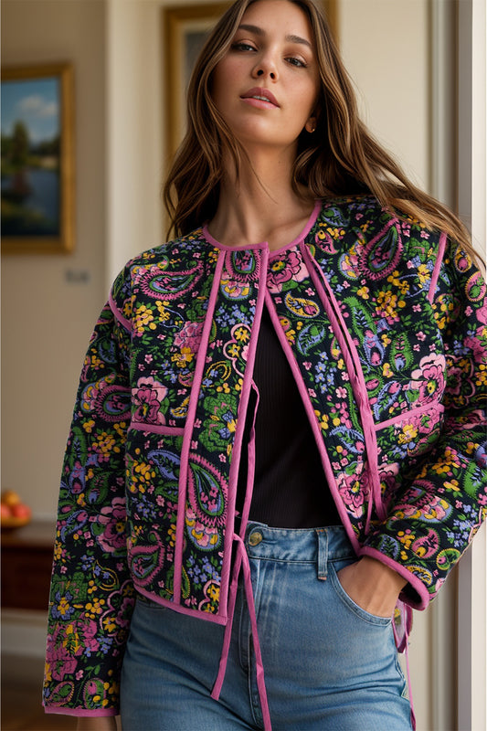 Tina's Tied Floral Long Sleeve Thin Quilted Jacket-TOPS / DRESSES-[Adult]-[Female]-Deep Rose-S-2022 Online Blue Zone Planet