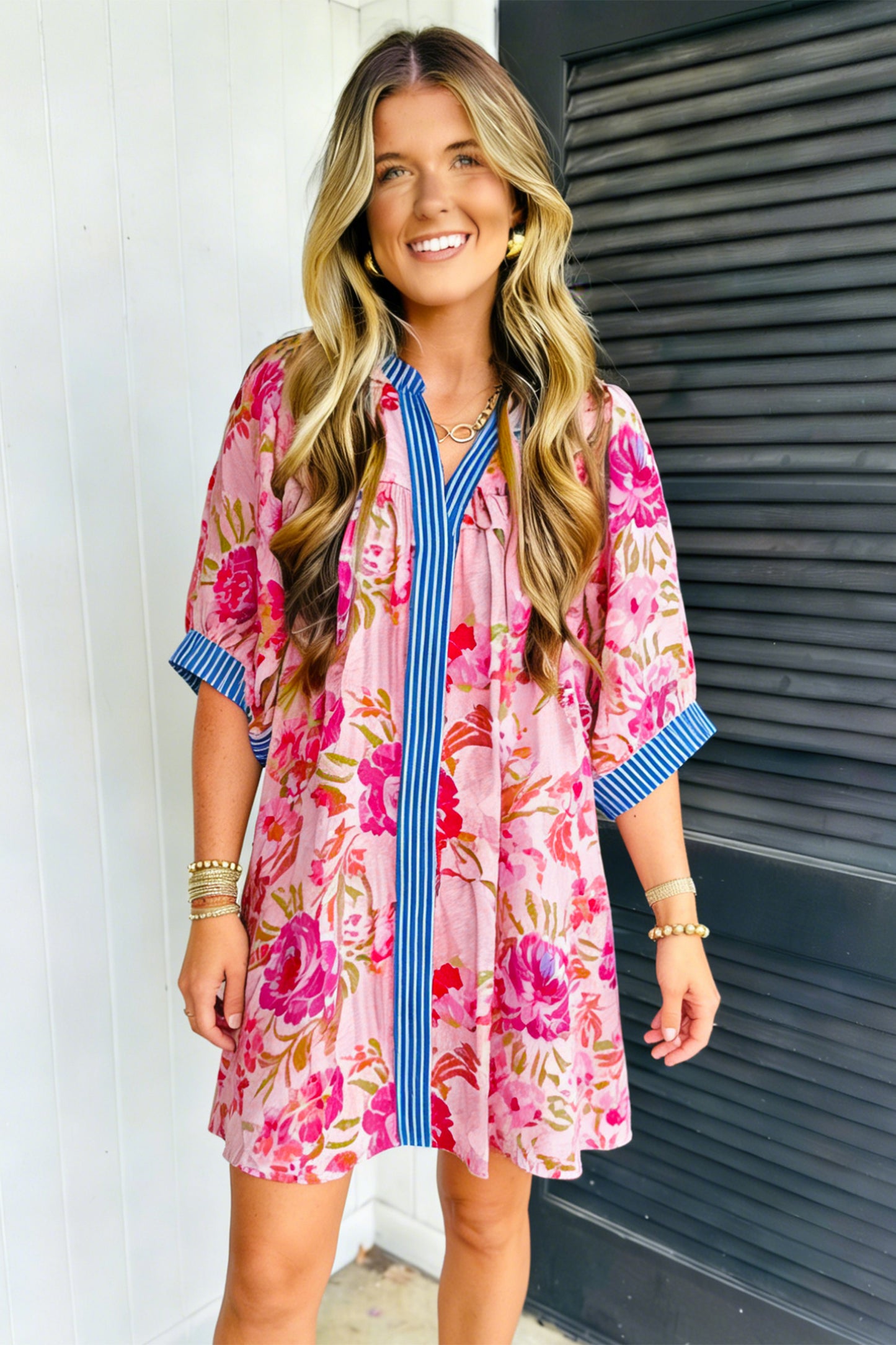 Multicolour Floral Striped Patchwork Trim Half Sleeve Mini Dress-Dresses/Floral Dresses-[Adult]-[Female]-2022 Online Blue Zone Planet