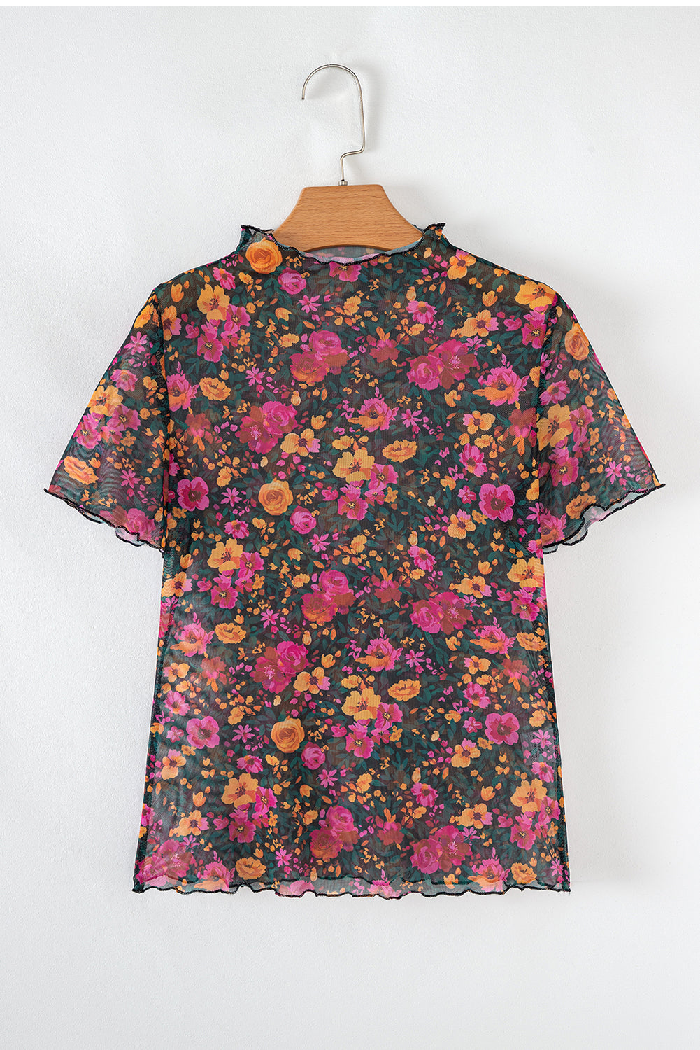 Rose Floral Print Mesh Stand Neck Short Sleeve Top-Tops/Tops & Tees-[Adult]-[Female]-2022 Online Blue Zone Planet