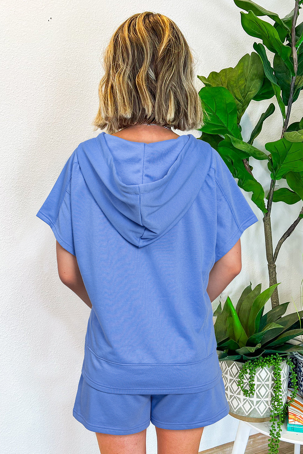 Sky Blue Casual Zipped Short Sleeve Hoodie and Shorts Set-Two Piece Sets/Short Sets-[Adult]-[Female]-2022 Online Blue Zone Planet