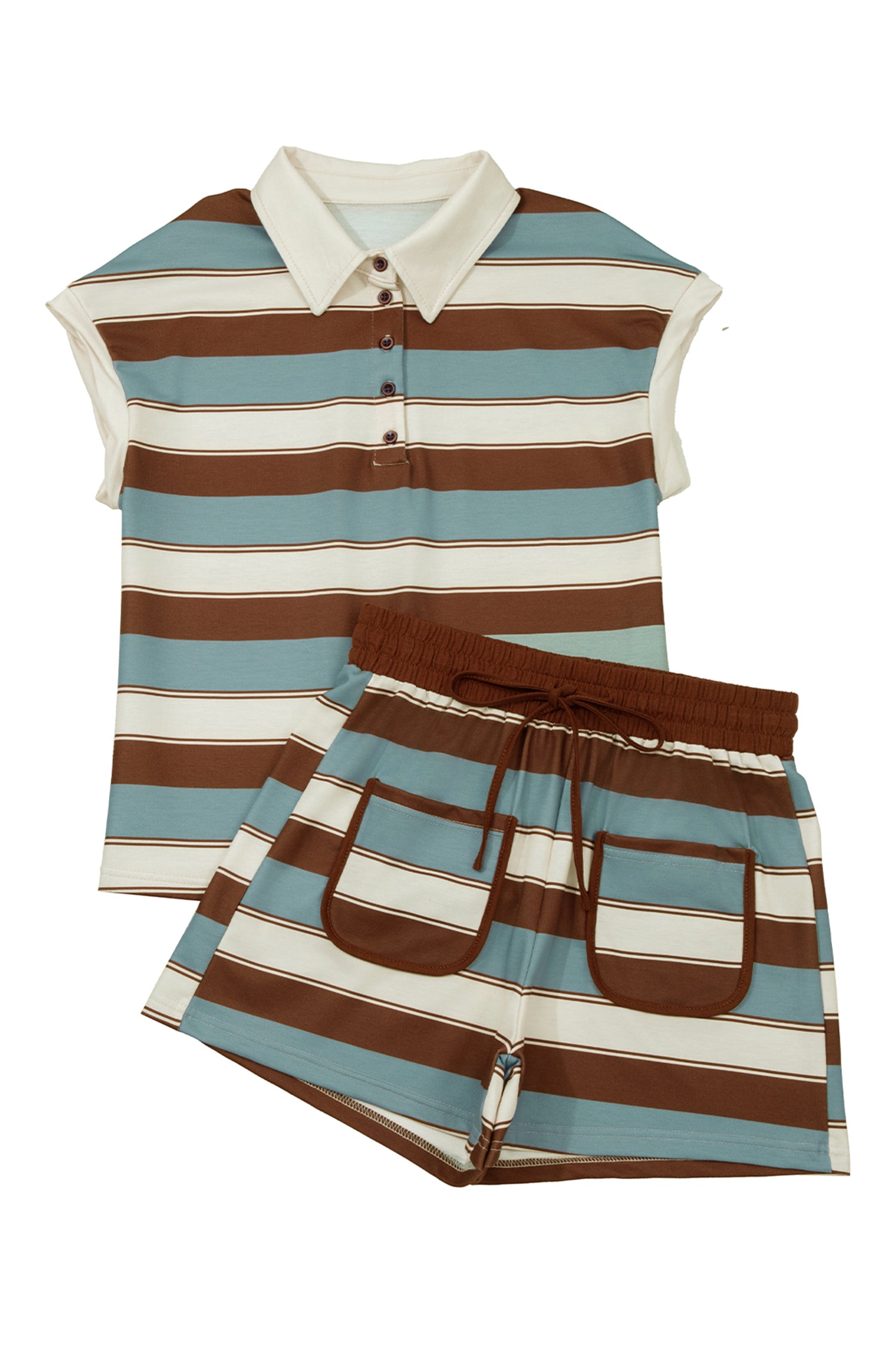 White Stripe Button Polo Collar Tee Drawstring Elastic Waist Patchwork 2pcs Short Set-Two Piece Sets/Short Sets-[Adult]-[Female]-2022 Online Blue Zone Planet