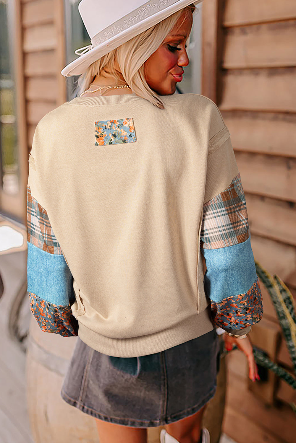 Smoke Gray Plaid Colorblock Patchwork Sleeve Raw Seam Sweatshirt-Tops/Sweatshirts & Hoodies-[Adult]-[Female]-2022 Online Blue Zone Planet