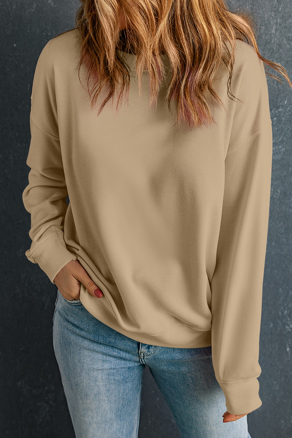 Blue Zone Planet | Bonbon Solid Classic Crewneck Pullover Sweatshirt-Tops/Sweatshirts & Hoodies-[Adult]-[Female]-Khaki-S-2022 Online Blue Zone Planet