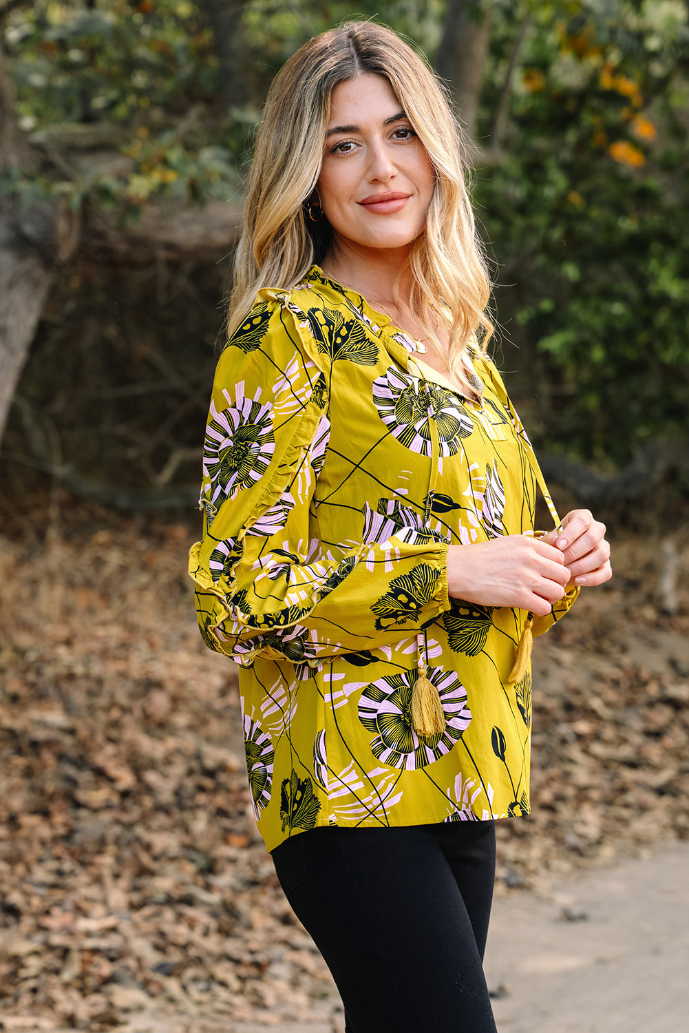 Yellow Vintage Floral V Neck Ruffle Trim Long Sleeve Blouse-Tops/Blouses & Shirts-[Adult]-[Female]-2022 Online Blue Zone Planet