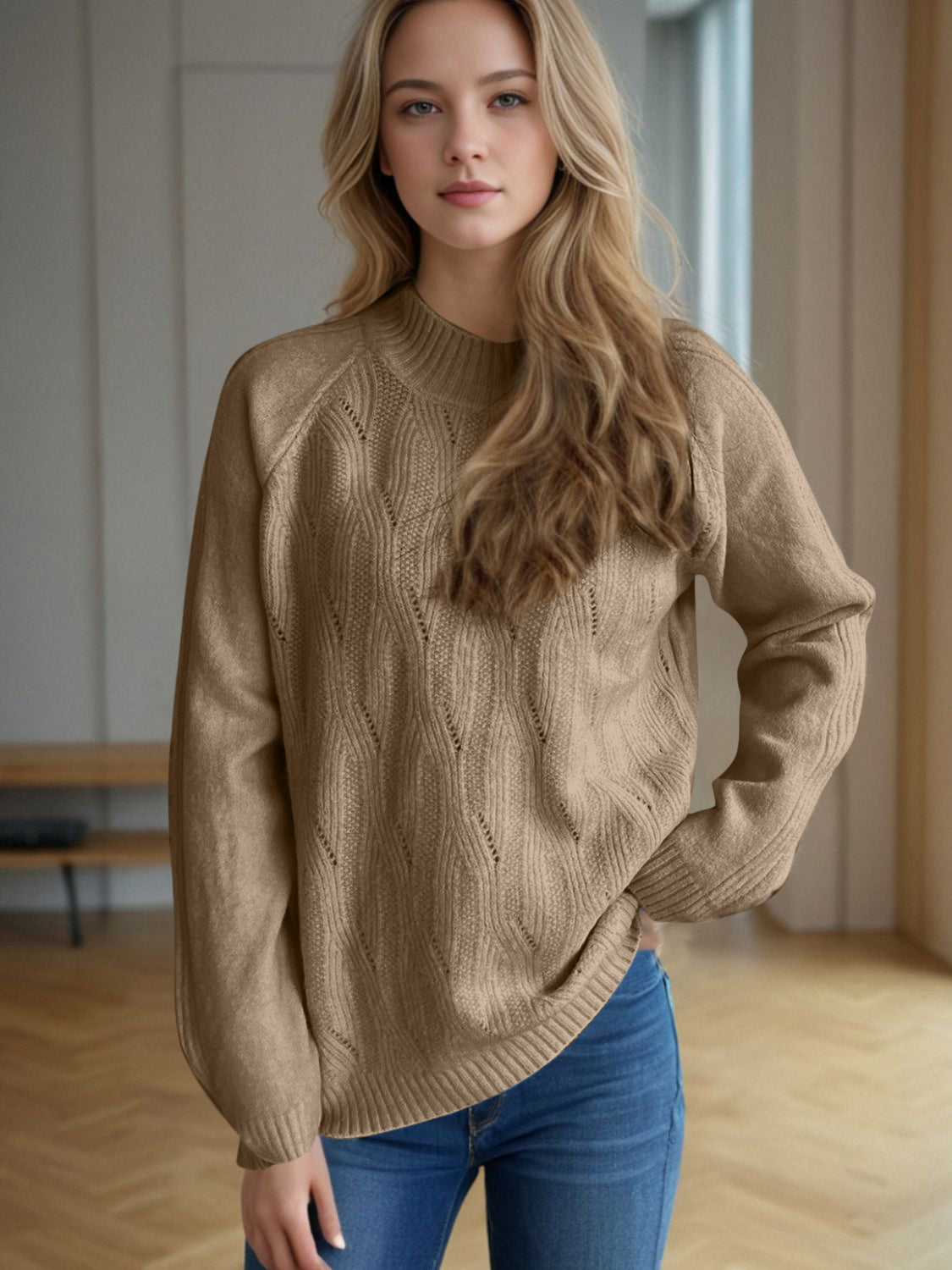 Blue Zone Planet | Mock Neck Long Sleeve Sweater-TOPS / DRESSES-[Adult]-[Female]-Camel-One Size-2022 Online Blue Zone Planet